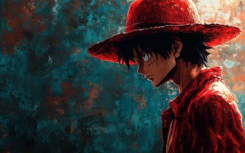 Fond d'écran artistique 4k de Monkey D. Luffy avec chapeau et manteau rouge sur fond turquoise, One Piece Background free for pc & mobile phone and iphone