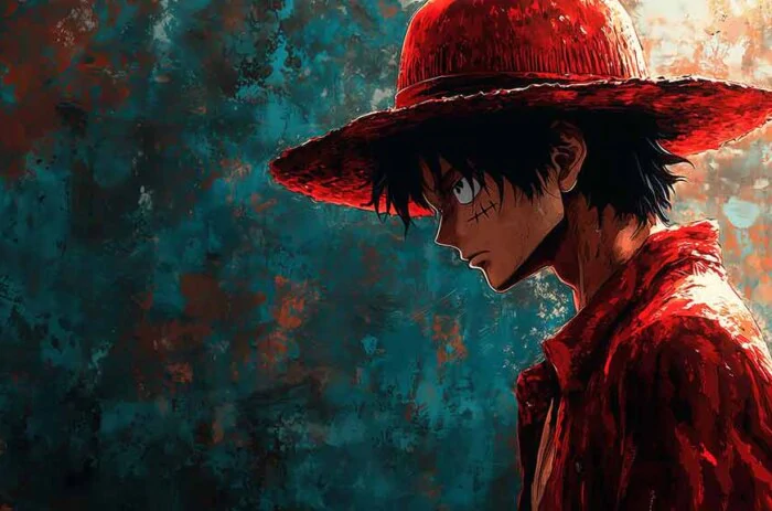 Fond d'écran artistique 4k de Monkey D. Luffy avec chapeau et manteau rouge sur fond turquoise, One Piece Background free for pc & mobile phone and iphone