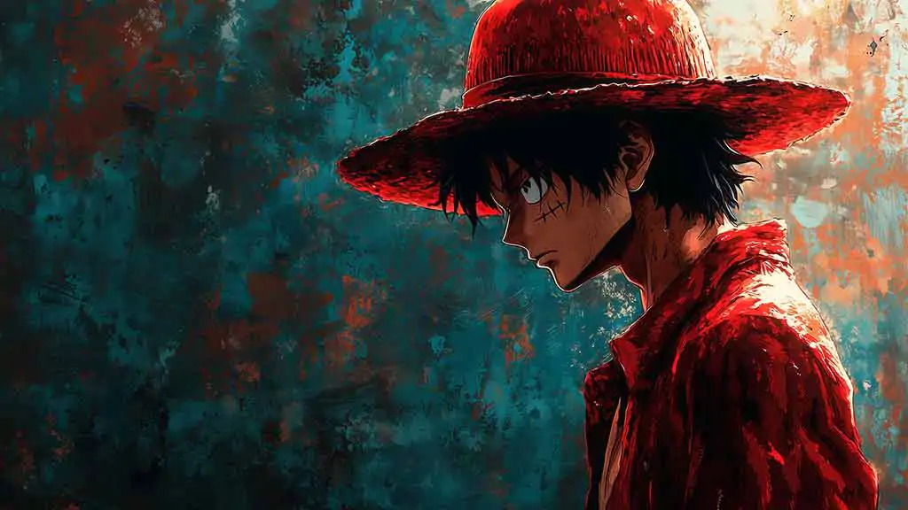 Fond d'écran artistique 4k de Monkey D. Luffy avec chapeau et manteau rouge sur fond turquoise, One Piece Background free for pc & mobile phone and iphone