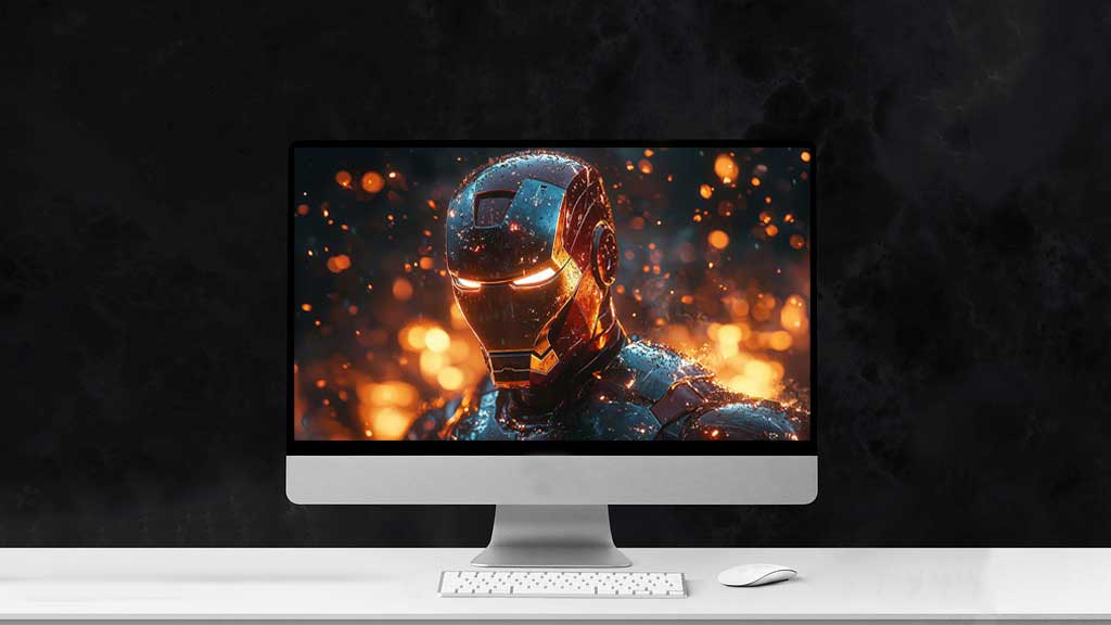 Fond d'écran Iron Man 4K avec des yeux brillants et des effets de braise en résolution Ultra HD, éclairage cinématographique pour le téléchargement gratuit de bureau