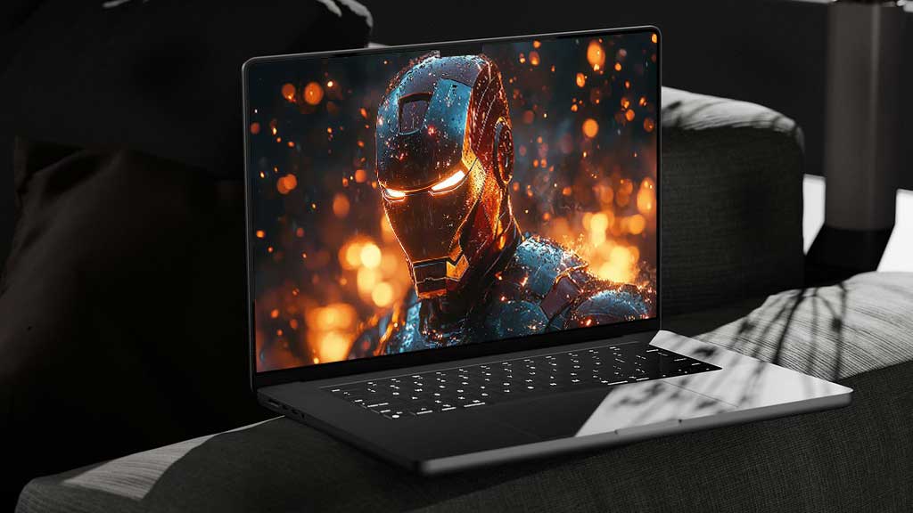 Fond d'écran Iron Man 4K avec des yeux brillants et des effets de braise en résolution Ultra HD, éclairage cinématographique pour ordinateur portable téléchargement gratuit