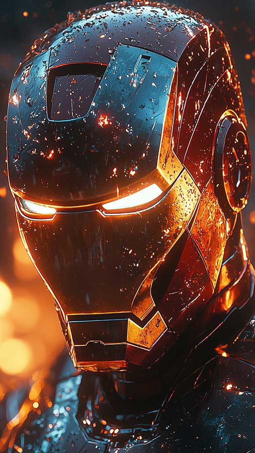 Fond d'écran Iron Man 4K avec des yeux brillants et des effets de braise en résolution Ultra HD, éclairage cinématographique pour téléphone mobile et iPhone téléchargement gratuit