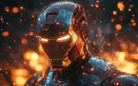 Iron Man 4K wallpaper with glowing eyes and ember effects in Ultra HD resolution, cinematic lighting for desktop and mobile free download