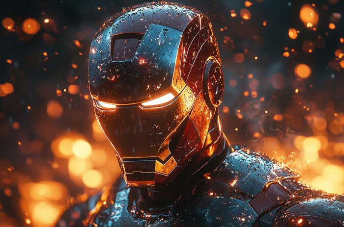 Fond d'écran Iron Man 4K avec yeux brillants et effets de braise en résolution Ultra HD, éclairage cinématique pour bureau et mobile à télécharger gratuitement.