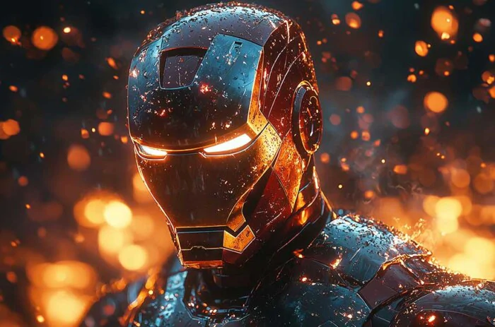 Fond d'écran Iron Man 4K avec yeux brillants et effets de braise en résolution Ultra HD, éclairage cinématique pour bureau et mobile à télécharger gratuitement.