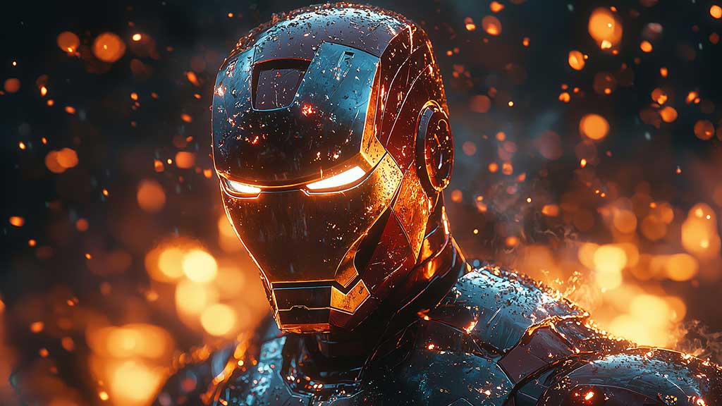 Fond d'écran Iron Man 4K avec yeux brillants et effets de braise en résolution Ultra HD, éclairage cinématique pour bureau et mobile à télécharger gratuitement.