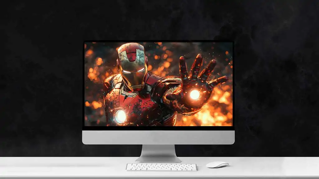 Iron Man battle pose wallpaper with glowing repulsors and dramatic ember effects, battle-damaged armor in 4K Ultra HD quality for desktop