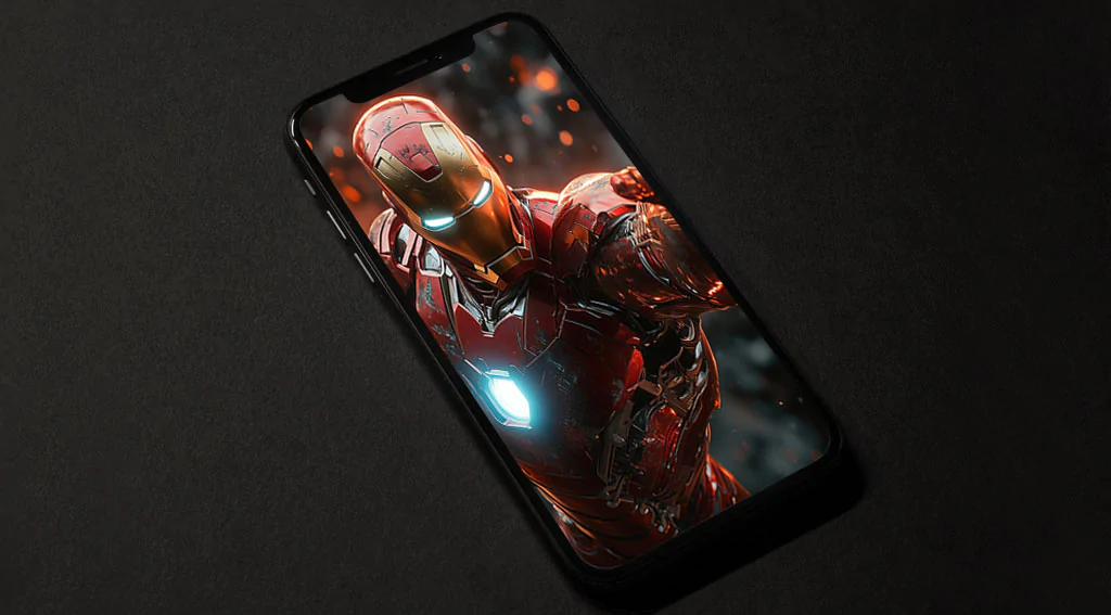 Iron Man battle pose wallpaper with glowing repulsors and dramatic ember effects, battle-damaged armor in 4K Ultra HD quality for mobile phone and iphone