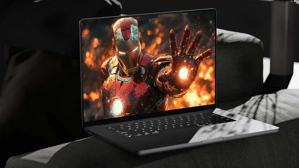 Fond d'écran de pose de combat d'Iron Man avec des répulseurs lumineux et des effets de braise spectaculaires, une armure endommagée par la bataille en qualité 4K Ultra HD pour ordinateur portable