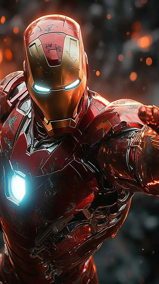 Fond d'écran de pose de combat d'Iron Man avec des répulseurs lumineux et des effets de braise spectaculaires, une armure endommagée par la bataille en qualité 4K Ultra HD pour téléphone mobile et iPhone