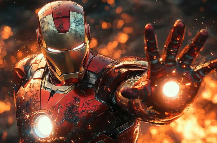 Fond d'écran Iron Man battle pose avec des répulseurs lumineux et des effets de braise spectaculaires, avec une armure endommagée par le combat en qualité 4K Ultra HD pour tous les écrans.