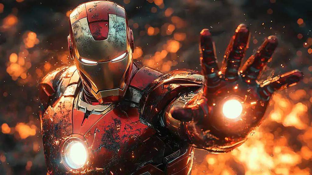 Iron Man battle pose wallpaper with glowing repulsors and dramatic ember effects, featuring battle-damaged armor in 4K Ultra HD quality for all screens