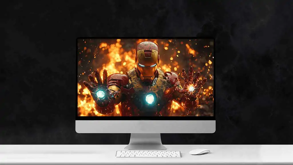 Fond d'écran Iron Man avec des répulseurs doubles brillants, une armure endommagée par la bataille et des effets d'arrière-plan enflammés en 4K Ultra HD téléchargement gratuit pour tous les ordinateurs de bureau