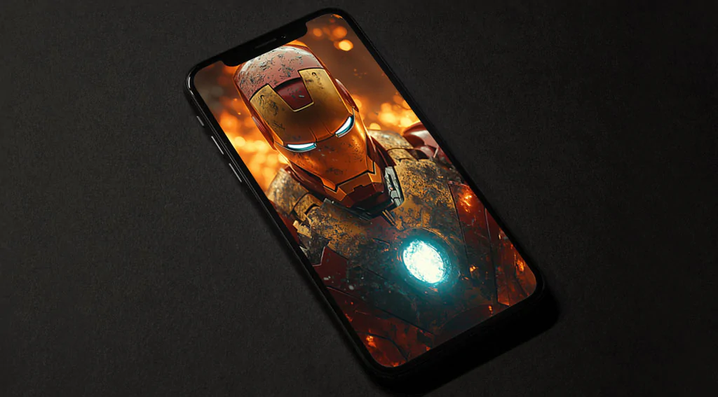 Fond d'écran Iron Man avec des répulseurs doubles brillants, une armure endommagée par la bataille et des effets d'arrière-plan enflammés en 4K Ultra HD téléchargement gratuit pour tous les téléphones mobiles et iPhones