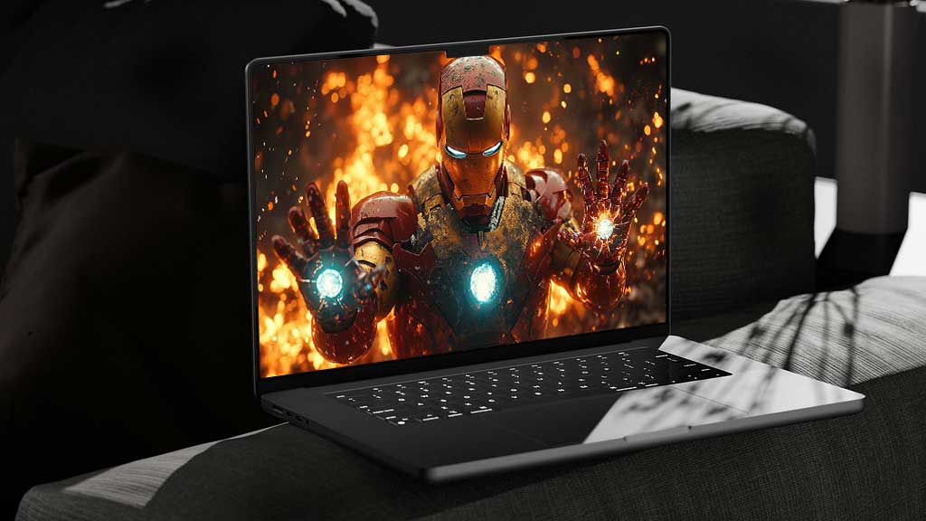 Fond d'écran Iron Man avec des répulseurs doubles brillants, une armure endommagée par la bataille et des effets d'arrière-plan enflammés en 4K Ultra HD téléchargement gratuit pour ordinateur portable