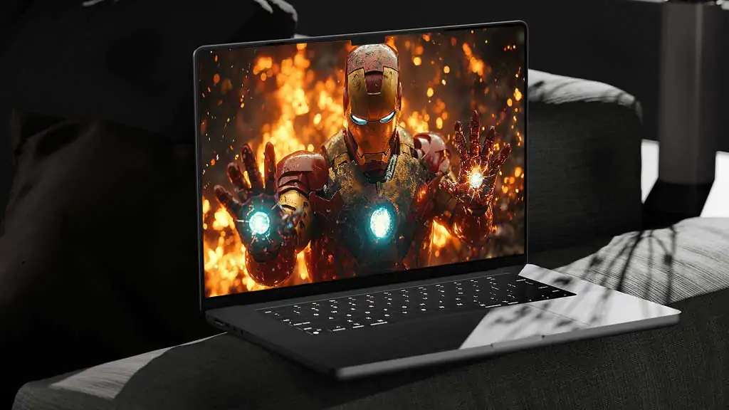 Fond d'écran Iron Man avec des répulseurs doubles brillants, une armure endommagée par la bataille et des effets d'arrière-plan enflammés en 4K Ultra HD téléchargement gratuit pour ordinateur portable