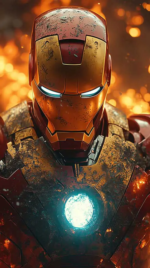 Fond d'écran Iron Man avec des répulseurs doubles brillants, une armure endommagée par la bataille et des effets d'arrière-plan enflammés en 4K Ultra HD téléchargement gratuit pour tous les téléphones mobiles et iPhones