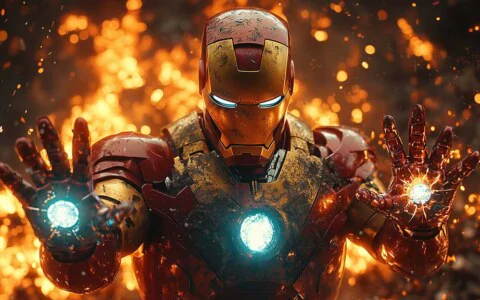 Iron Man wallpaper with dual repulsors glowing, battle-damaged armor, and fiery background effects in 4K Ultra HD free download for all devices