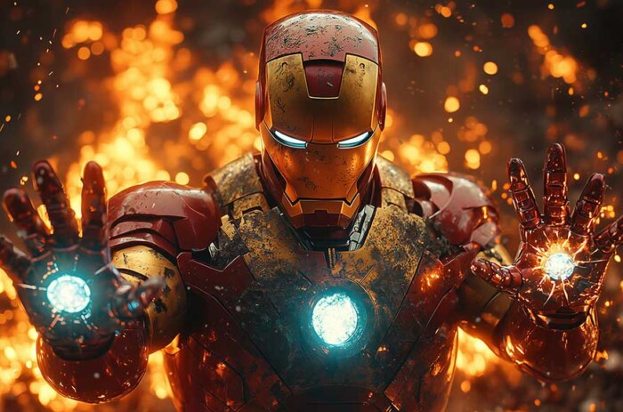 Fond d'écran Iron Man avec deux répulseurs qui brillent, une armure endommagée par la bataille et des effets d'arrière-plan enflammés en 4K Ultra HD à télécharger gratuitement pour tous les appareils.