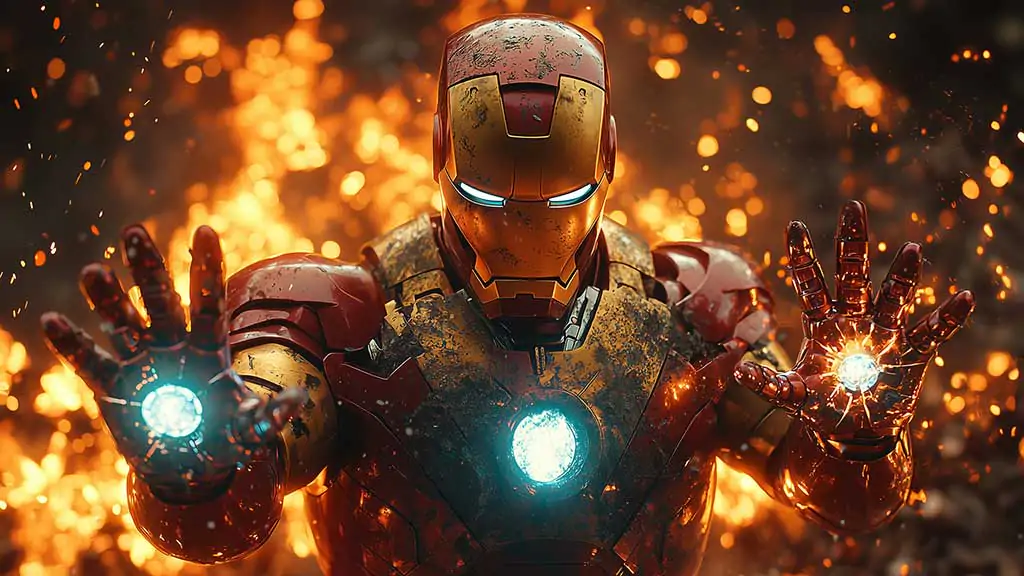 Fond d'écran Iron Man avec deux répulseurs qui brillent, une armure endommagée par la bataille et des effets d'arrière-plan enflammés en 4K Ultra HD à télécharger gratuitement pour tous les appareils.