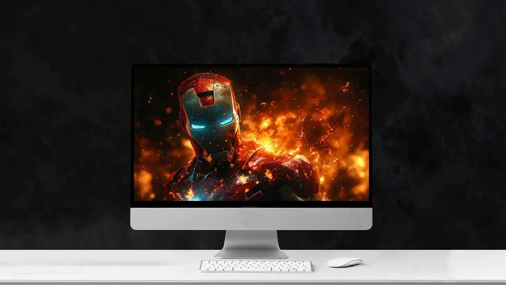 Fond d'écran en gros plan d'Iron Man avec des yeux bleus brillants et des effets de flammes, mettant en vedette une armure usée au combat en qualité 4K Ultra HD pour ordinateur de bureau