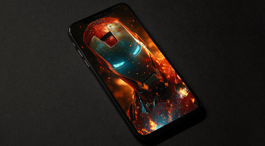 Iron Man close-up wallpaper with glowing blue eyes and flaming effects, featuring battle-worn armor in 4K Ultra HD quality for phone and iphone