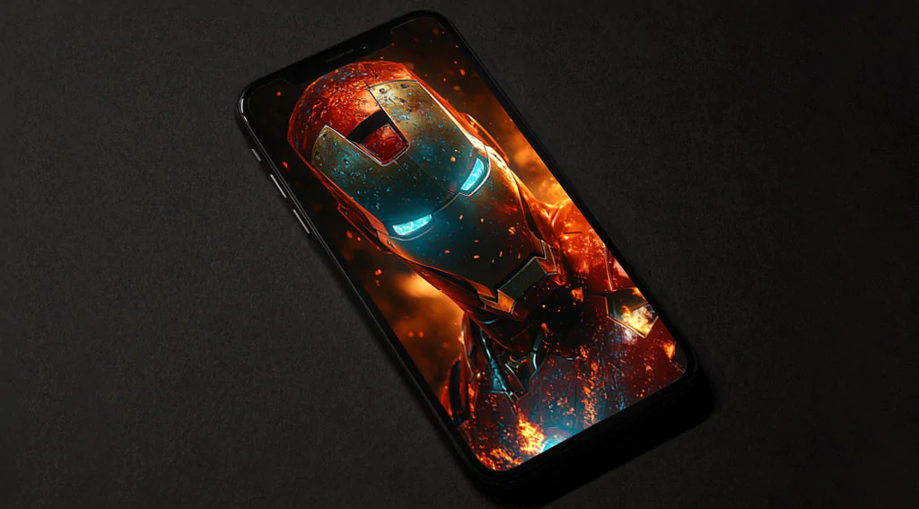 Fond d'écran Iron Man en gros plan avec des yeux bleus brillants et des effets de flammes, avec une armure usée au combat en qualité 4K Ultra HD pour téléphone et iPhone