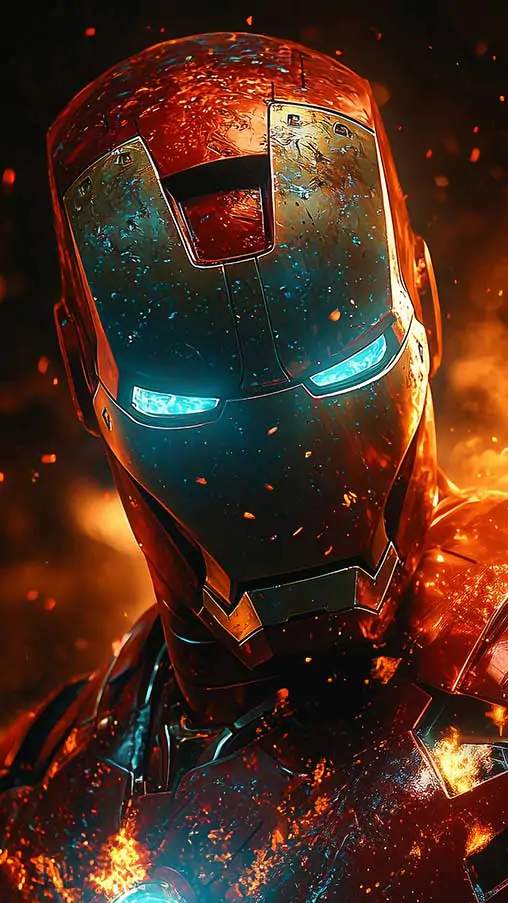 Fond d'écran Iron Man en gros plan avec des yeux bleus brillants et des effets de flammes, avec une armure usée au combat en qualité 4K Ultra HD pour téléphone et iPhone