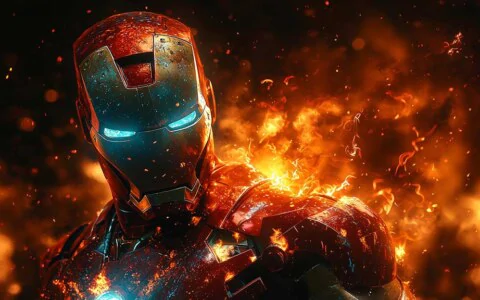 Iron Man close-up wallpaper with glowing blue eyes and flaming effects, featuring battle-worn armor in 4K Ultra HD quality for all devices