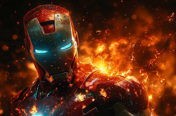 Fond d'écran gros plan d'Iron Man avec des yeux bleus lumineux et des effets de flammes, présentant une armure marquée par les combats en qualité Ultra HD 4K pour tous les appareils