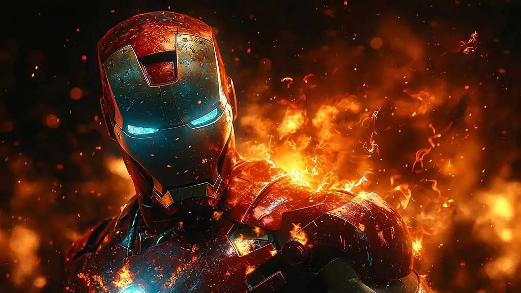 Fond d'écran gros plan d'Iron Man avec des yeux bleus lumineux et des effets de flammes, présentant une armure marquée par les combats en qualité Ultra HD 4K pour tous les appareils