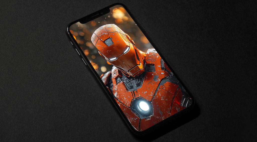 Fond d'écran 4K sur le thème hivernal d'Iron Man avec une armure recouverte de neige et un réacteur lumineux, avec des effets de givre en qualité Ultra HD gratuit pour téléphone mobile et iPhone