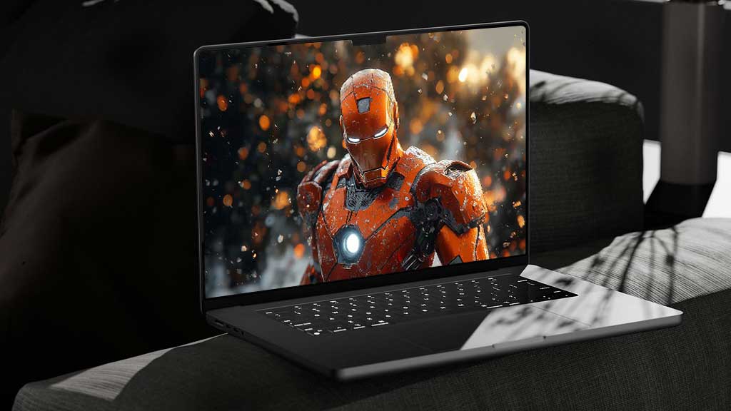 Fond d'écran 4K sur le thème hivernal d'Iron Man avec une armure recouverte de neige et un réacteur lumineux, avec des effets de givre en qualité Ultra HD gratuit pour ordinateur portable