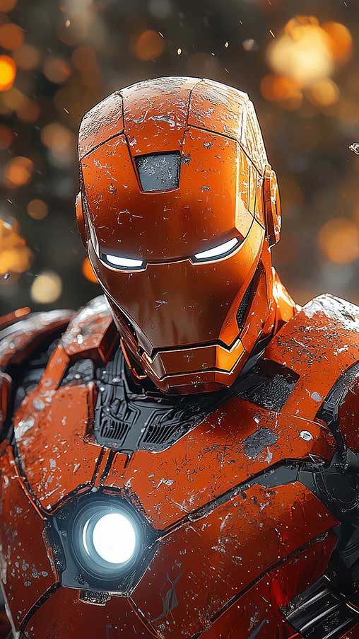 Fond d'écran 4K sur le thème hivernal d'Iron Man avec une armure recouverte de neige et un réacteur lumineux, avec des effets de givre en qualité Ultra HD gratuit pour téléphone mobile et iPhone