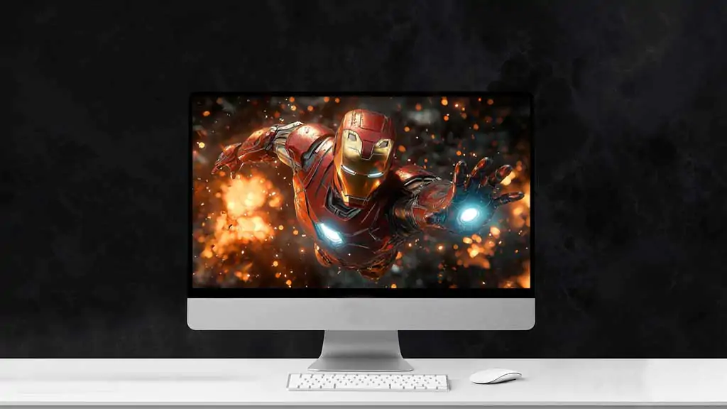 Fond d'écran d'action Iron Man montrant une pose de vol vers l'avant avec des répulseurs lumineux et une armure usée au combat en qualité 4K Ultra HD pour ordinateur de bureau