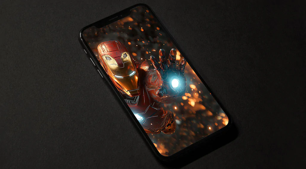 Fond d'écran d'action Iron Man montrant une pose de vol vers l'avant avec des répulseurs lumineux et une armure usée au combat en qualité 4K Ultra HD pour téléphone et iPhone