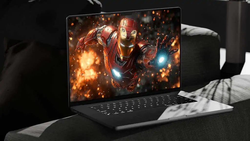 Fond d'écran d'action Iron Man montrant une pose de vol vers l'avant avec des répulseurs lumineux et une armure usée au combat en qualité 4K Ultra HD pour ordinateur portable