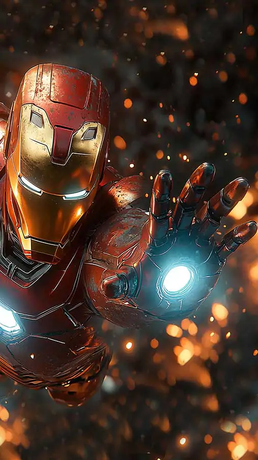 Fond d'écran d'action Iron Man montrant une pose de vol vers l'avant avec des répulseurs lumineux et une armure usée au combat en qualité 4K Ultra HD pour téléphone et iPhone