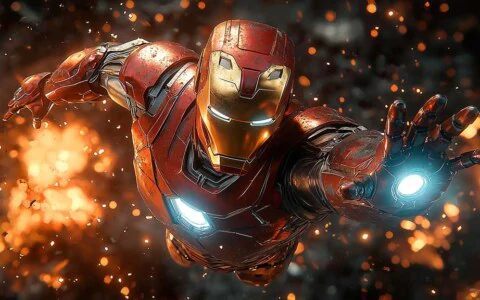 Iron Man action wallpaper showing forward flight pose with glowing repulsors and battle-worn armor in 4K Ultra HD quality for all devices