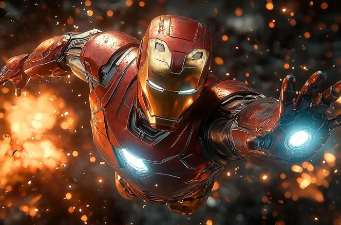 Fond d'écran d'action Iron Man montrant une pose de vol vers l'avant avec des répulseurs lumineux et une armure de combat en qualité 4K Ultra HD pour tous les appareils.