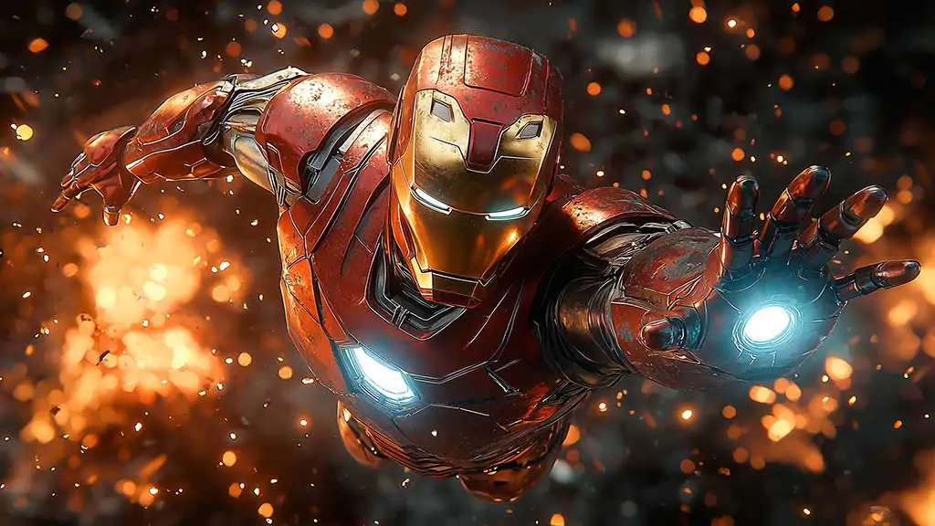 Iron Man action wallpaper showing forward flight pose with glowing repulsors and battle-worn armor in 4K Ultra HD quality for all devices