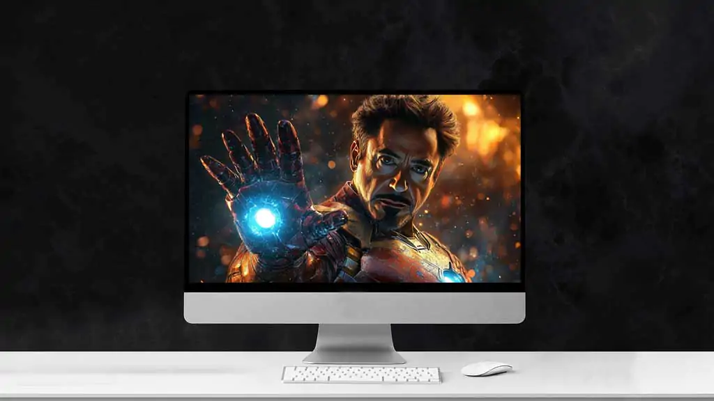 Tony Stark Iron Man wallpaper displaying repulsor hand and determined expression, featuring glowing arc reactor in 4K Ultra HD quality for desktop