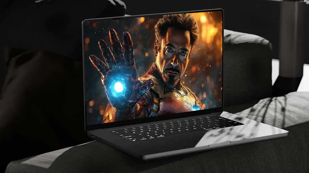 Tony Stark Iron Man wallpaper displaying repulsor hand and determined expression, featuring glowing arc reactor in 4K Ultra HD quality for laptop