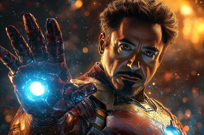 Fond d'écran Tony Stark Iron Man avec main à répulseur et expression déterminée, avec réacteur à arc lumineux en qualité 4K Ultra HD pour tous les appareils.