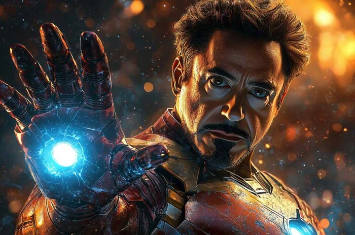 Tony Stark Iron Man wallpaper displaying repulsor hand and determined expression, featuring glowing arc reactor in 4K Ultra HD quality for all devices