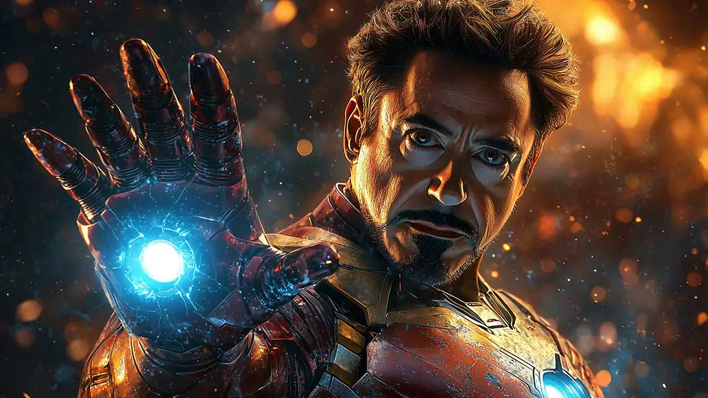 Tony Stark Iron Man wallpaper displaying repulsor hand and determined expression, featuring glowing arc reactor in 4K Ultra HD quality for all devices