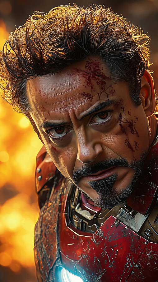 Fond d'écran 4K Tony Stark en armure endommagée - Portrait du héros Iron Man en Ultra HD fond d'action gratuit à télécharger pour téléphone portable et iPhone