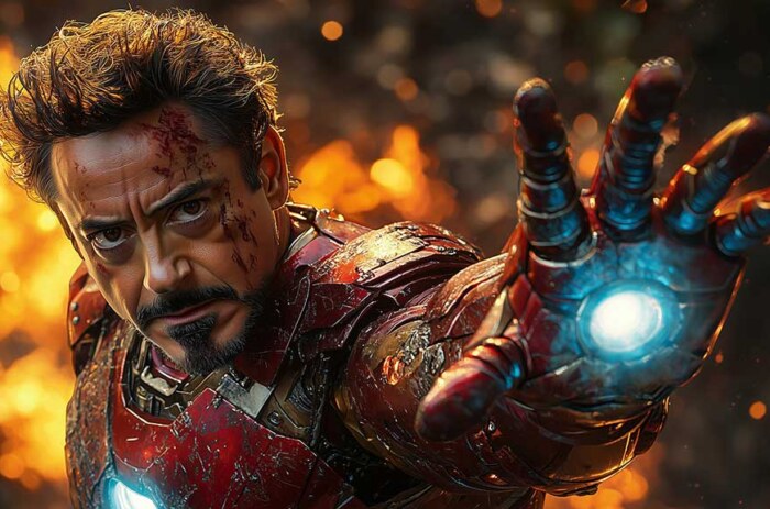 Tony Stark Endommagé au Combat - Fond d'écran 4K - Portrait du Héros Iron Man en Ultra HD Arrière-plan d'Action Téléchargement Gratuit pour tous appareils