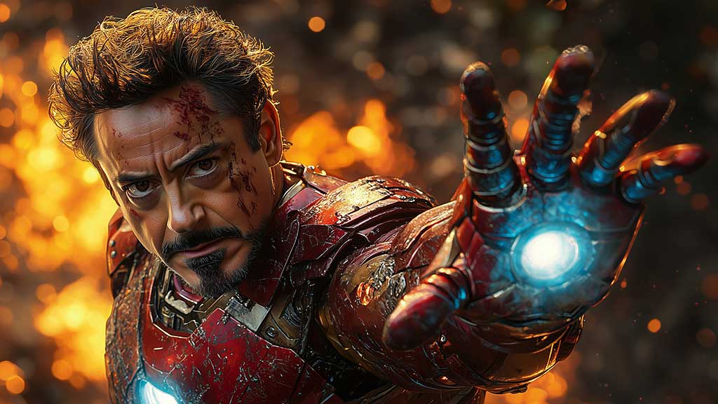 Tony Stark Endommagé au Combat - Fond d'écran 4K - Portrait du Héros Iron Man en Ultra HD Arrière-plan d'Action Téléchargement Gratuit pour tous appareils