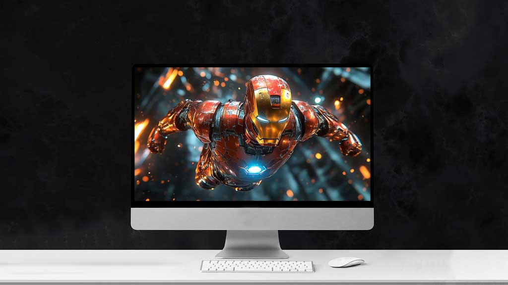 Iron Man en action sur un fond futuriste, disponible en fond d'écran 4K et Ultra HD pour ordinateur de bureau et appareils mobiles en haute résolution.